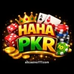 HAHA PKR Game logo with poker chips and cards on dark background